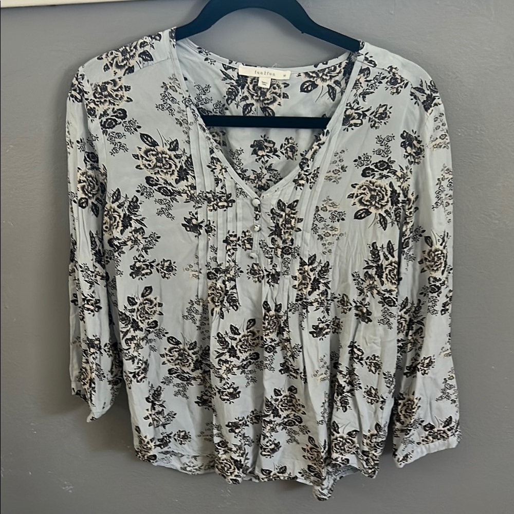 Fun 2 Fun Powder Blue and Black Floral Blouse